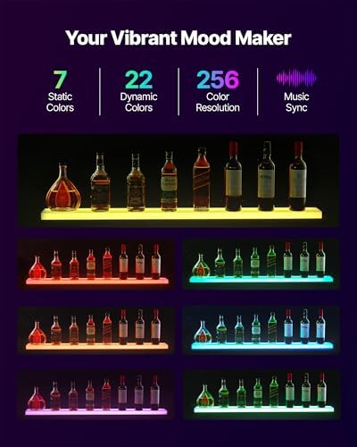 VEVOR LED Lighted Liquor Bottle Display, 1 Tier 48 Inches Whiskey Rack, Suppo...