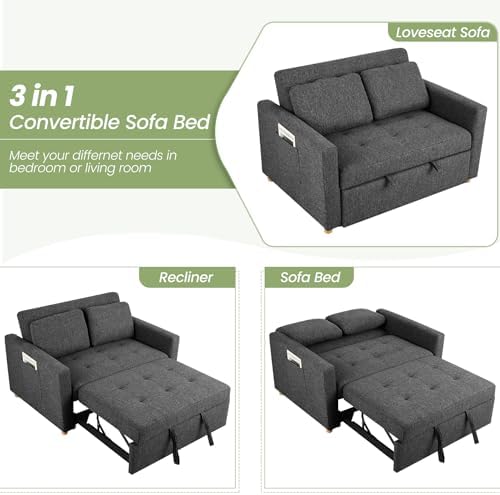 SEJOV Loveseat Sleeper, 3-in-1 Convertible Sofa Bed Pull Out, Black