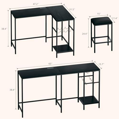 Bar Table and Chairs Set for 2-4, 3-Piece Convertible L-Shaped Dining Set wit...