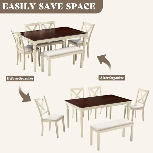 LUXOAK 6 Piece Solid Wood Dining Table Set with 60" Farmhouse Table