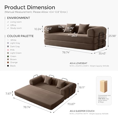 79" Convertible Futon Sofa Bed, Couch for Living Room | Brown | Folding ...