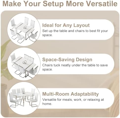 Ebullient Dining Table Set for 6，White Rectangular MDF Kitchen Table and Leat...