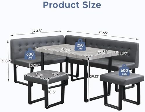 XIAO WEI 72" Corner Dining Table Set for Small Spaces, Modern Grey