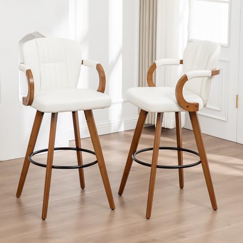 26" Swivel Counter Height Bar Stools with Back White Faux Leather Kitche...