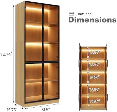 Bobve 78.7" Display Cabinet with 4 Glass Doors,5 -Tier Storage Cabinet w...