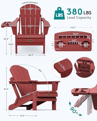 SERWALL Folding Adirondack Chair, 4 in 1 Cup Holder Wood Texture - Red | Outdoor Adirondack Chairs, Plastic Fire Pit Chair with Wood Texture, 4 in 1 Tray, Lawn Chair, Backyard Patio Seating