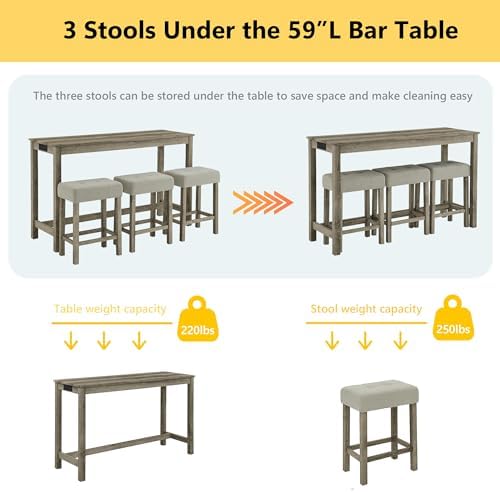 Merax 59" Bar Table Set with Power Outlet,Industrial Breakfast Table wit...