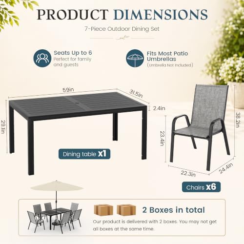 7PCS Patio Dining Set, Steel Table & 6 Textilene Chairs, Charcoal