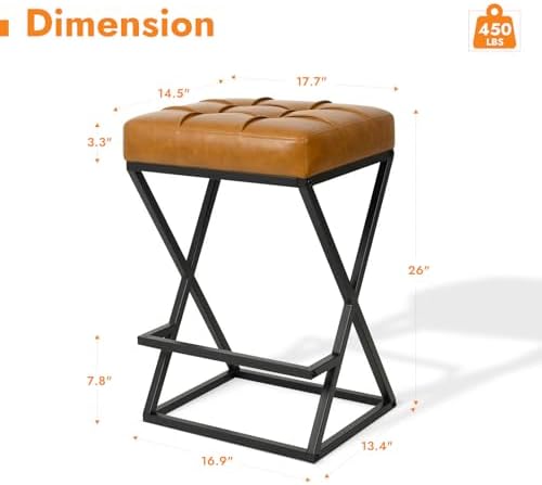 Bar Stools Set of 2, 26 Inch Counter Height Stool Faux Leather Brown | Backle...