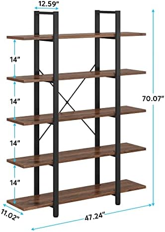 Tribesigns 5-Tier Bookshelf, Vintage Industrial Style Bookcase 72 H x 12 W x ...