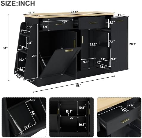 Rolling Kitchen Island with Trash Can Storage Sideboard, Black | Portable &am...