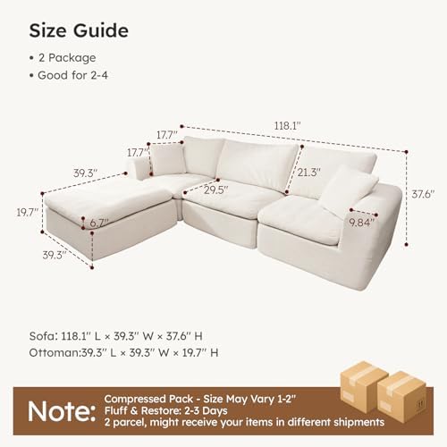 Modular Sectional Cloud Sofa, No Assembly Oversized Couch, Beige | Comfy Seat...