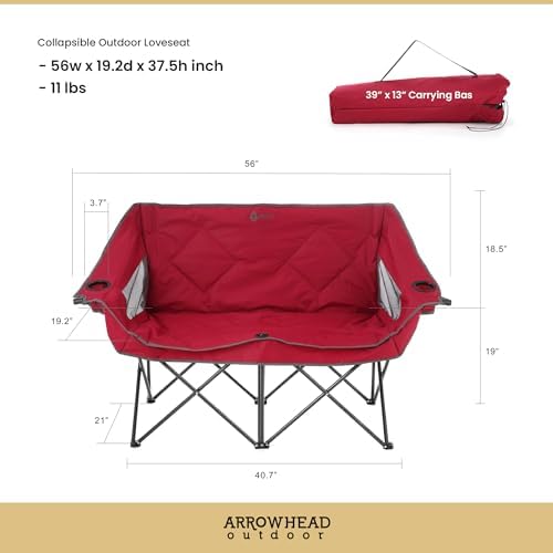 ARROWHEAD OUTDOOR Portable Folding Double Duo Camping Chair Loveseat w/ 2 Cup...