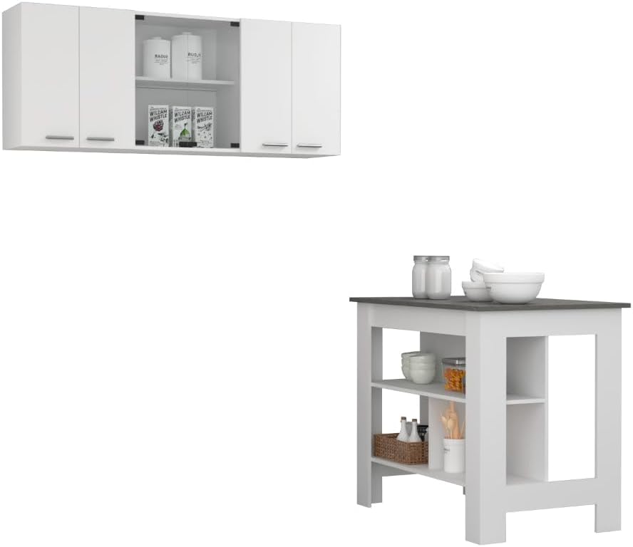 White and Onyx 2-Piece Kitchen Set with Island and Wall Cabinet | Includes 6-...
