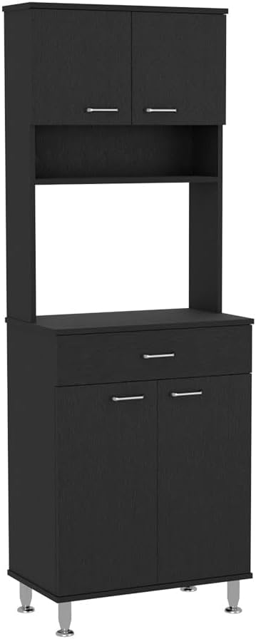 67" H Black Kitchen Pantry, Microwave Storage Cabinet with 4 Doors, 1 Dr...