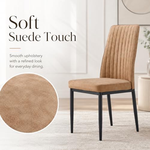 Dining Chairs Set of 4, Suede Upholstered Kitchen Chairs with Metal Legs, Modern Dining Room Chairs with Vertical Channel Backrest, Breathable Armless Chairs for Dining Room, Apartment (Brown, 4)