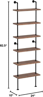 Industrial Ladder Pipe Shelves, Wall Mounted Rustic Bookshelf, Retro Metal Wood Bookcases (Weathered Brown, 6 Tier - 10" D x 24" W x 82.5" H)