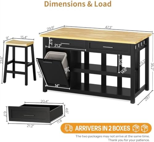 DynJest 3-Piece Bar Table and Chairs Set, 47.3" Solid Rubberwood Kitchen...