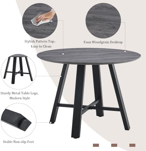 Round Dining Table Set for 4, 5 Piece Kitchen Table and Chairs Set with 42 Inch Wood Grain Tabletop, Black Upholstered Chairs, Metal Frame Dining Room Furniture for Apartment, Breakfast Nook