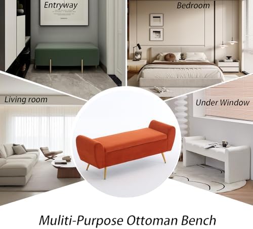 56" Storage Bench for Bedroom King Size Bed, Gold Legs, Velvet Orange