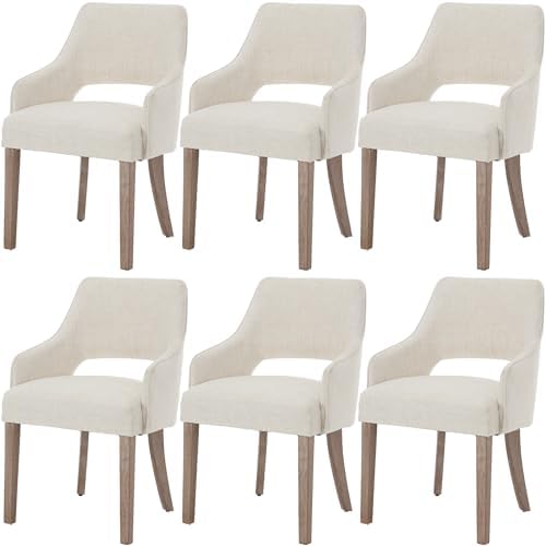 Dining Chairs Set of 6 Linen Upholstered Accent Kitchen Chair with Hollow Bac...