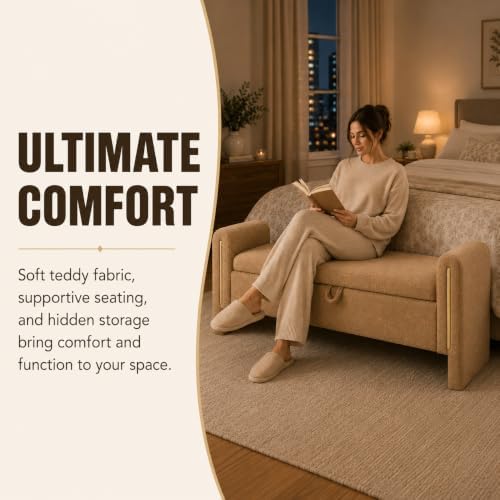 52" Upholstered Storage Bench, Brown, Armrests, Wood Frame | Mid-century...