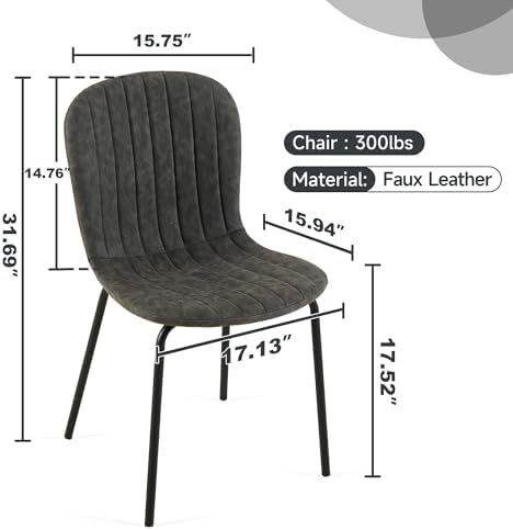 Dining Chair Set of 4, PU Leather Kitchen Chairs, Dark Grey | Black Metal Leg...