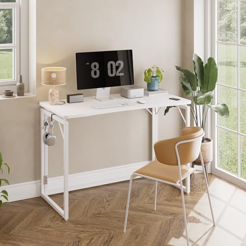 JOYMOOP 31.5" White Folding Desk, No Assembly, Wooden Top, Small Size
