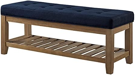 24KF Large Rectangular Upholstered Tufted Linen Fabric Ottoman Bench, Padded ...