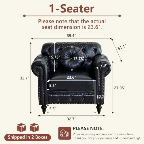 Chesterfield Chair, High Back Modern Faux Leather Couch with Button Tufted, Nailhead Trim, Rolled Arms, Extra Round Cushion – Classic Couch for Living Room, Lounge, or Office, Black