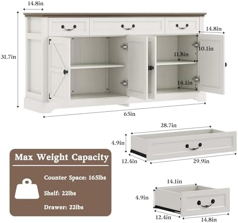 Sunny Heart 65" Large Buffet Storage Cabinet, Farmhouse Kitchen Sideboar...