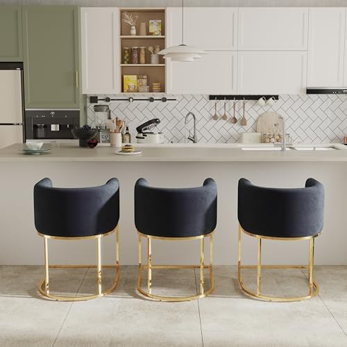 RIVOVA Black Velvet Bar Stools Set of 2, 24" Contemporary Upholstered Fa...