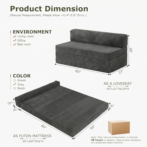 5-in-1 Convertible Sofa Bed, Loveseat, Tri-fold Futon Sofa Bed with Removable...