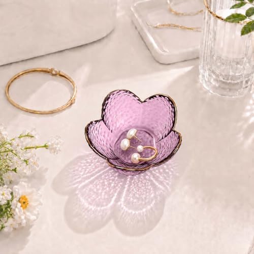 Gifts for Women Purple Flower Jewelry Ring Dish Tray,Decorative Glass Trinket Dish,Room Decor Aesthetic, Modern Accent Tray for Vanity (Purple A)