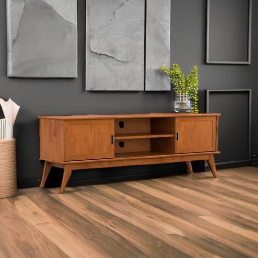 SIMPLIHOME Draper TV Stand - 72 inch Wide Solid Wood Media Console in Teak Brown, Mid Century Modern Entertainment Center for Living Room for TVs up to 80 Inches with Cabinets and Cable Management
