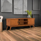 SIMPLIHOME Draper TV Stand - 72 inch Wide Solid Wood Media Console in Teak Brown, Mid Century Modern Entertainment Center for Living Room for TVs up to 80 Inches with Cabinets and Cable Management