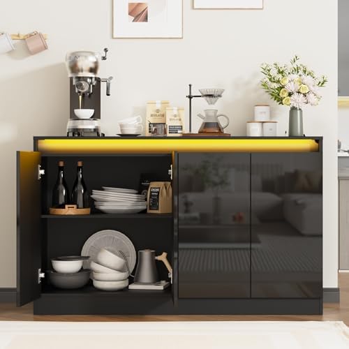 Furnify 51" W Buffet Cabinet with LED Lights & Charging Station, Black
