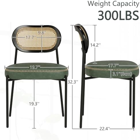 Rattan Dining Chairs Set of 4, Green Leather Upholstered Dining Chairs with R...