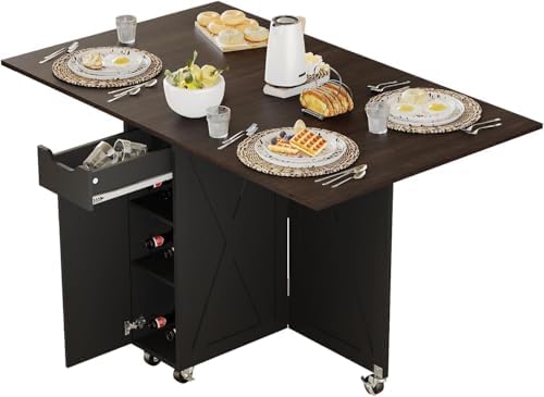 Folding Dining Table for 2-6, Easy Assembly, Dark Brown+Black