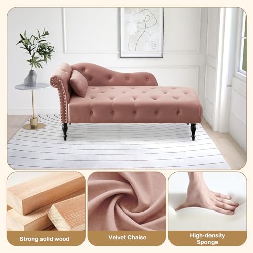 Tufted Upholstered Velvet Rolled Arm Chaise Lounges Indoor Chair, Rose | Righ...
