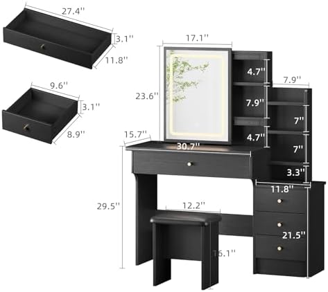 Black Vanity Desk with Sliding Mirror and Lights, Makeup Desk with Chair