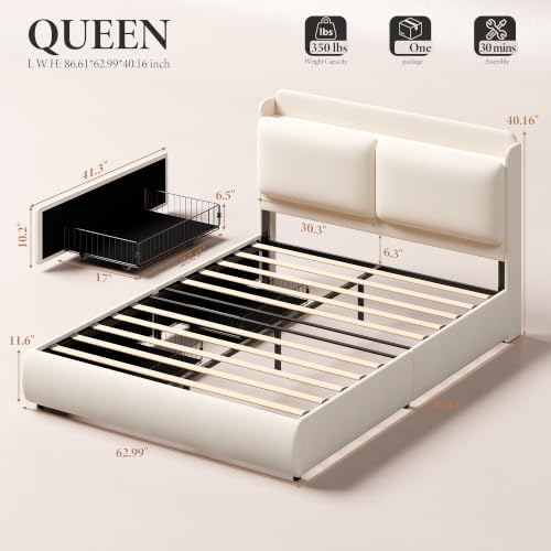 Garvee Chenille Fabric Queen Size Bed Frame with 2 Storage Drawers - Beige