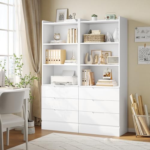 DICTAC 73.23'' Tall Storage Cabinet Bookcase with 3 Drawers and 3-Tie...