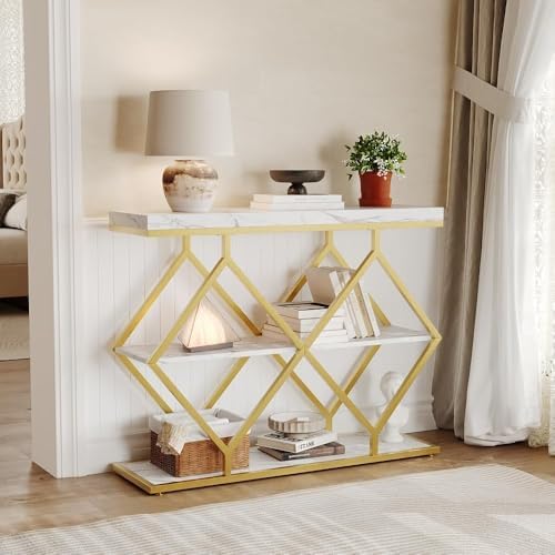 3-Tier Industrial Entryway Table with Diamond-Shaped Metal Frame, Open Shelf ...