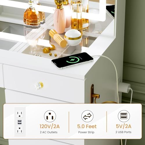 11 Drawers Glass Top Vanity Desk, Crystal Handles Makeup Vanity with Mirror a...