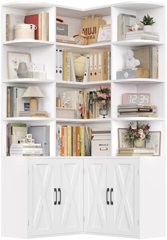 FINETONES 74" Tall Corner Bookshelf, White Bookshelf with Doors