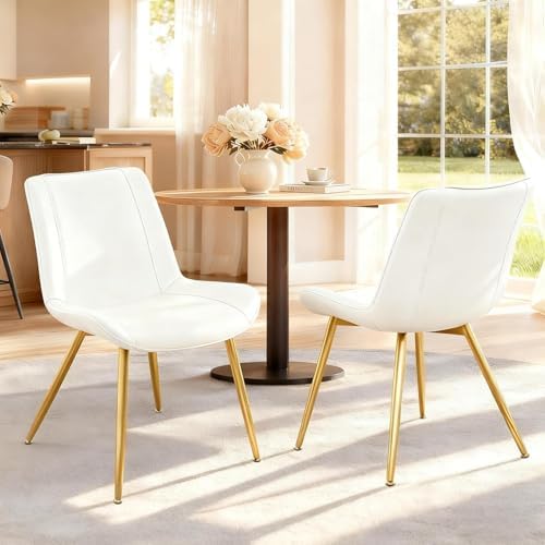 Dining Chairs Set of 2 PU Leather Armless Pearl White, Gold Legs