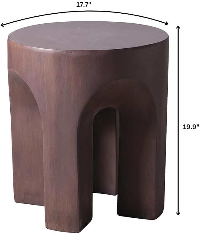 LeisureMod Round Side Table in Fiberstone with Arched Base Design Compact Wea...