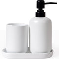 INGOFIN 3 Pcs Ceramic Bathroom Accessory Set - Liquid Soap Dispenser, Toothbrush Holder & Tray, Bathroom Counter Set, Countertop Essentials for Home, Guest Bathroom, or Office Use, White