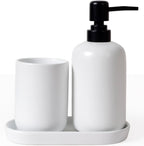 INGOFIN 3 Pcs Ceramic Bathroom Accessory Set - Liquid Soap Dispenser, Toothbrush Holder & Tray, Bathroom Counter Set, Countertop Essentials for Home, Guest Bathroom, or Office Use, White